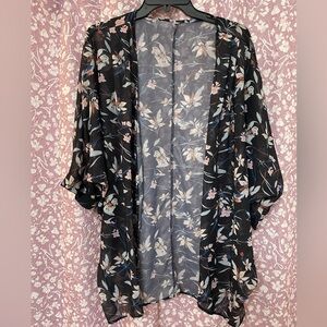 (S69) Olrain Med Pink Floral Print on Black Sheer Summer Kimono Cardigan